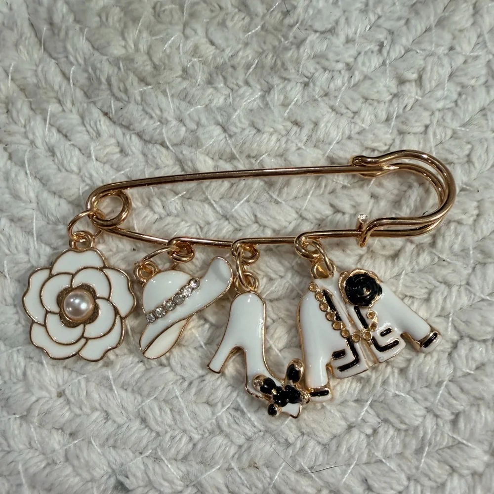 Gold and Ivory Fashion Icon Charm Brooch - NIB